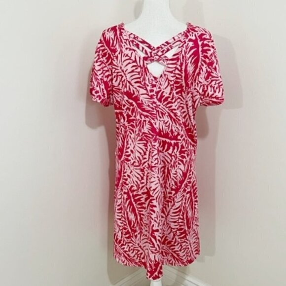 Reel Legends Keep It Cool Pink Dress Short Sleeve Palm Frond Print - Picture 3 of 6
